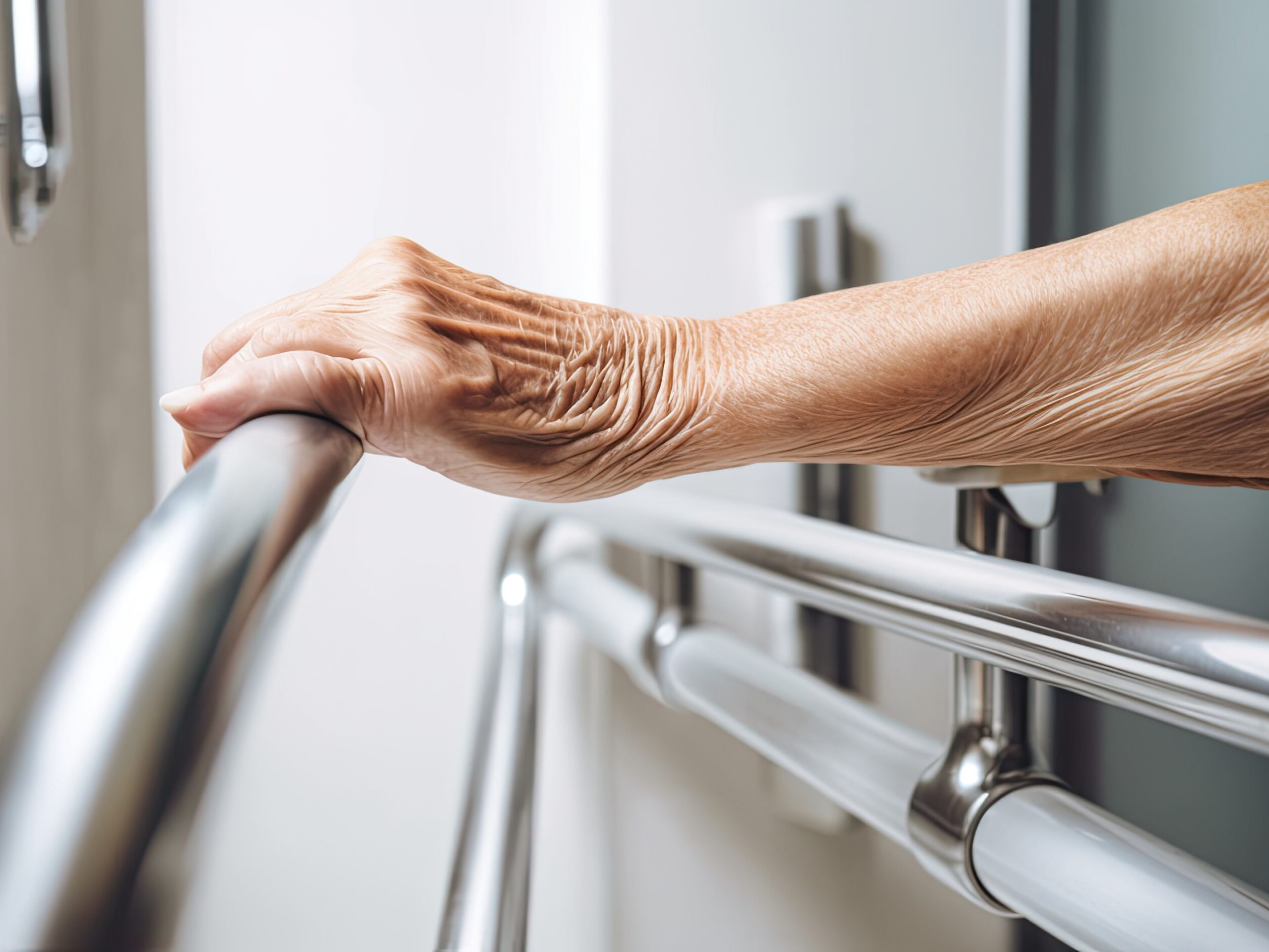 Senior or elderly woman using a bathroomhandle for security